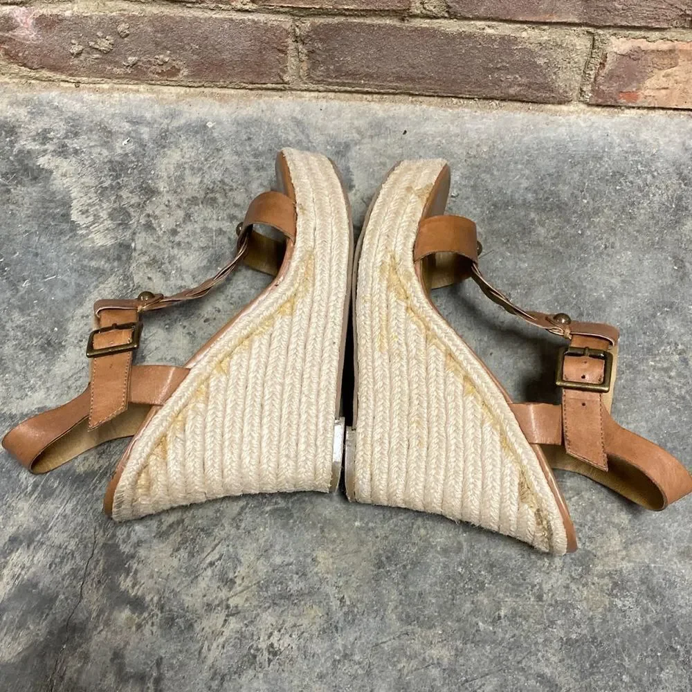 Zodiac Quana Saddle Tan Leather Espadrille Wedge Sandal Size 8